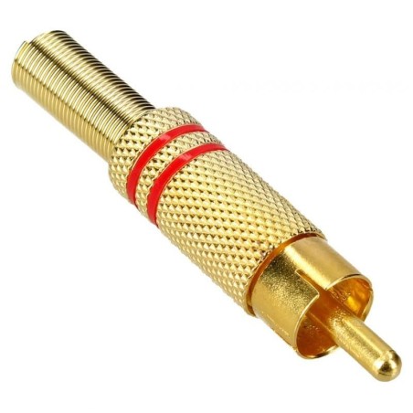 Connettore RCA maschio dorato con ghiere rosse e guidacavo
